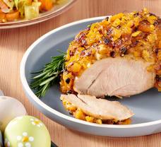   Teľacie stehno s marhuľovo-mätovou kôrkou podávané so zeleninou osmaženou na citrónovom masle